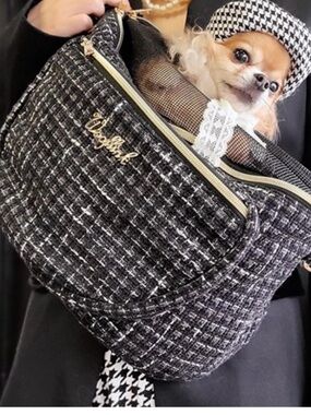 Wooflink Black & White Tweed Crossbody Pet Carrier Backpack
